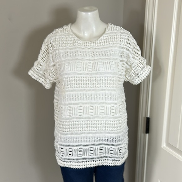 Vince Tops - Vince Geometric Lace Crochet Top Short Sleeve Lined Cotton White Career Sz S